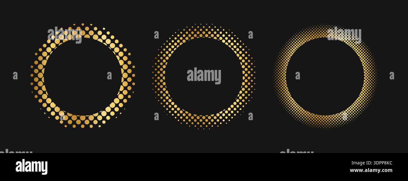 Set of golden round frames with halftone borders. Circular gold shapes with dotted, mosaic, confetti or grainy texture isolated on black background. Decorative design elements. Vector illustration. Stock Vector