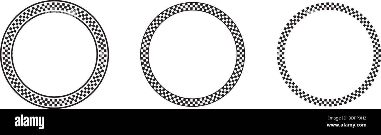 Set of round frames with black and white chequered borders print. Vignettes for picture or photo with rally flag or chess board pattern. Circular Stock Vector