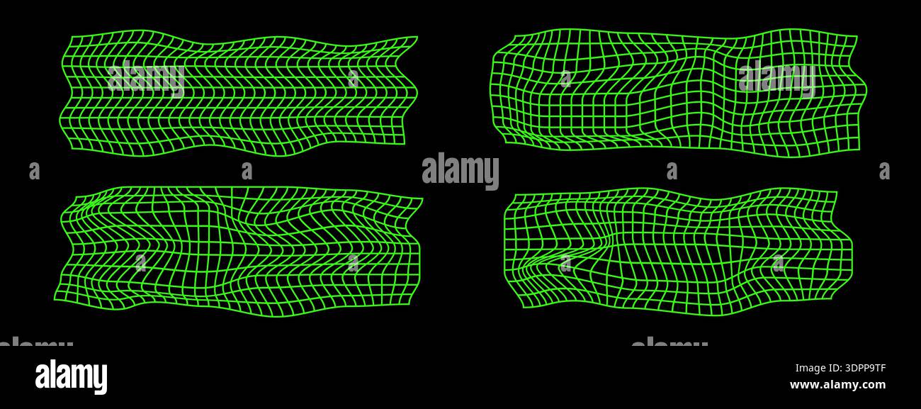 Set of distorted green neon grid textures. Mesh warp in techno, futuristic or cyberpunk style. Net surfaces with deformation effect. Bented lattice Stock Vector