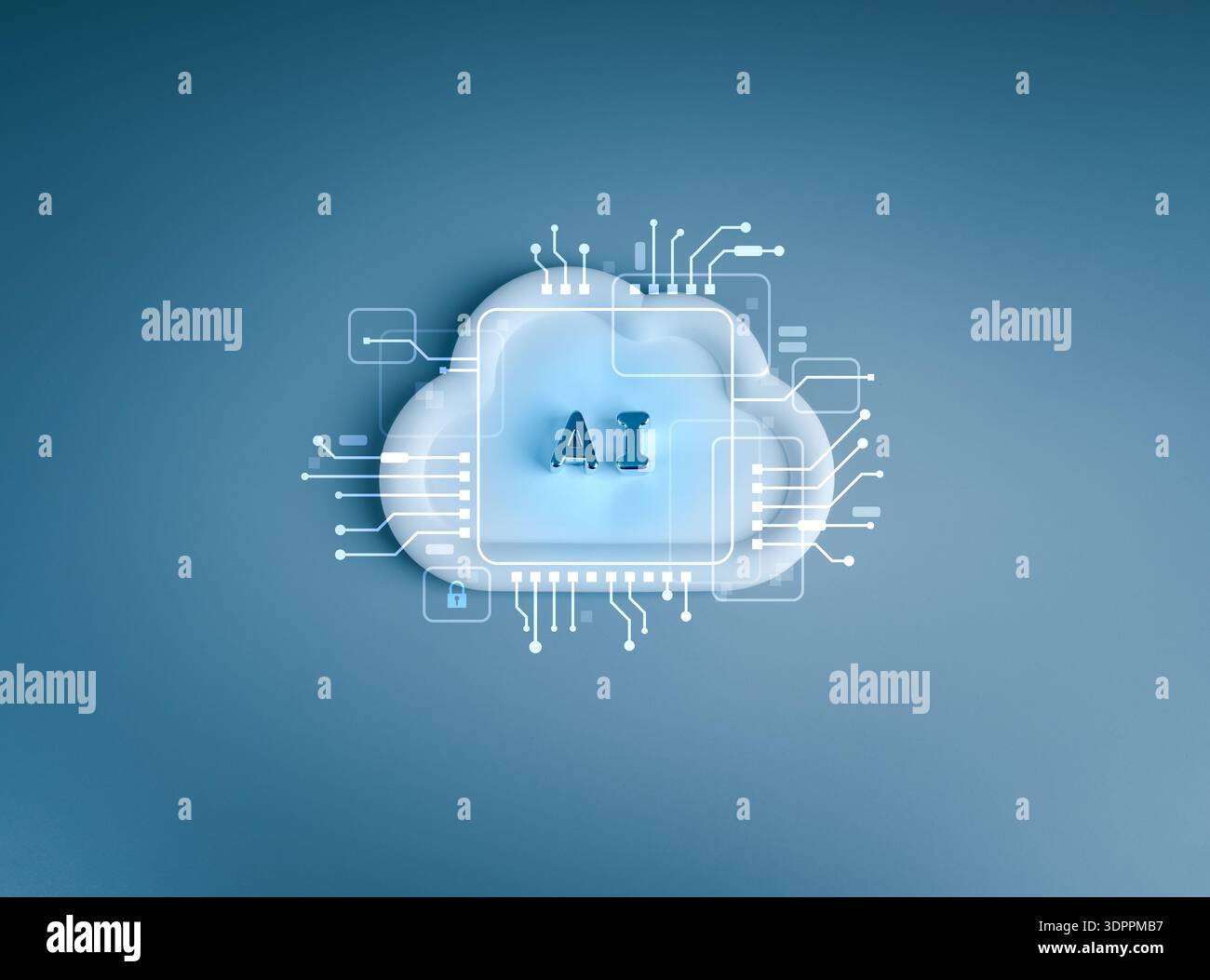 Cloud computing with 3d AI letters and circuit board graphics. Concept of artificial intelligence, cloud technology, big data processing, and digital Stock Photo