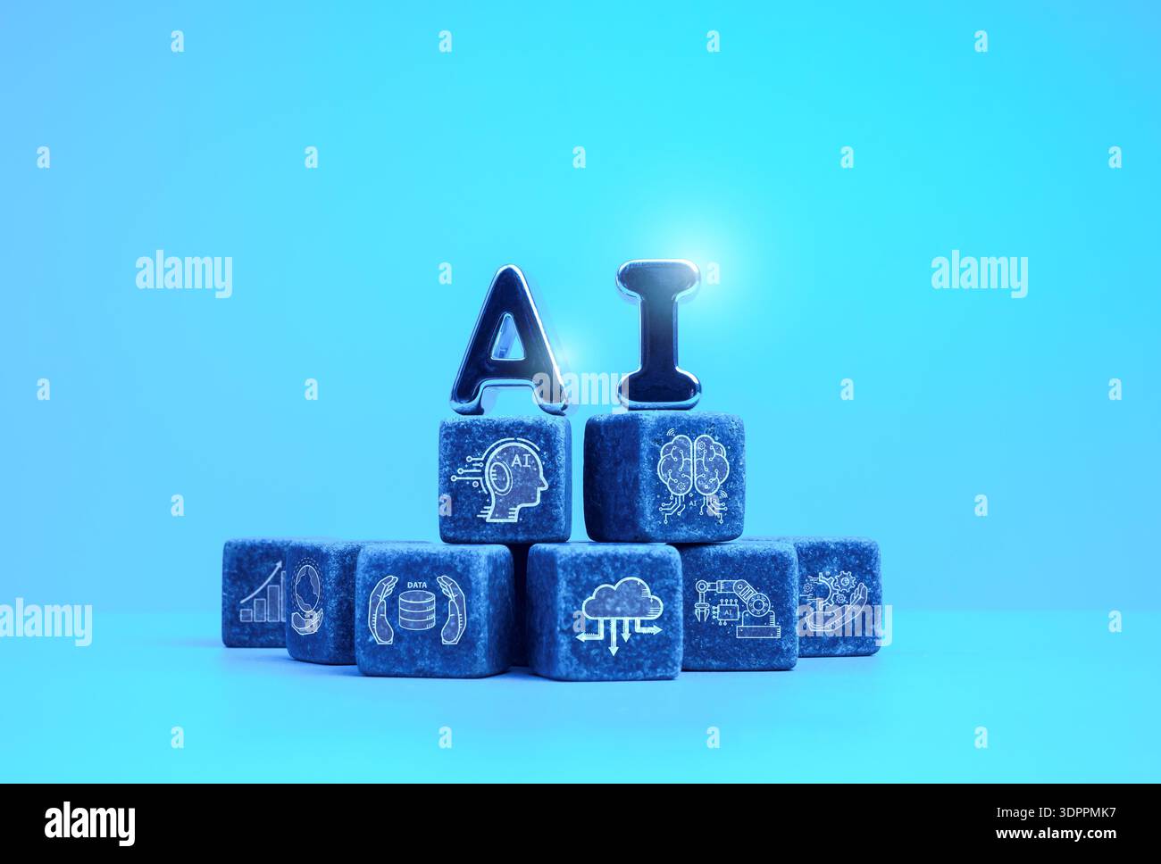 AI concept with 3d letters on cubes with digital icons on blue background. Artificial intelligence functions, data processing, cloud computing, automa Stock Photo