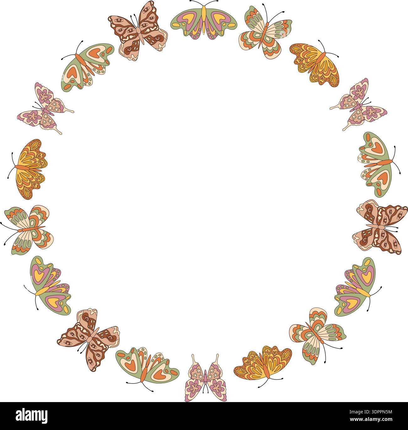 Groovy Retro Butterfly Seamless Circle Frame Pattern Stock Vector