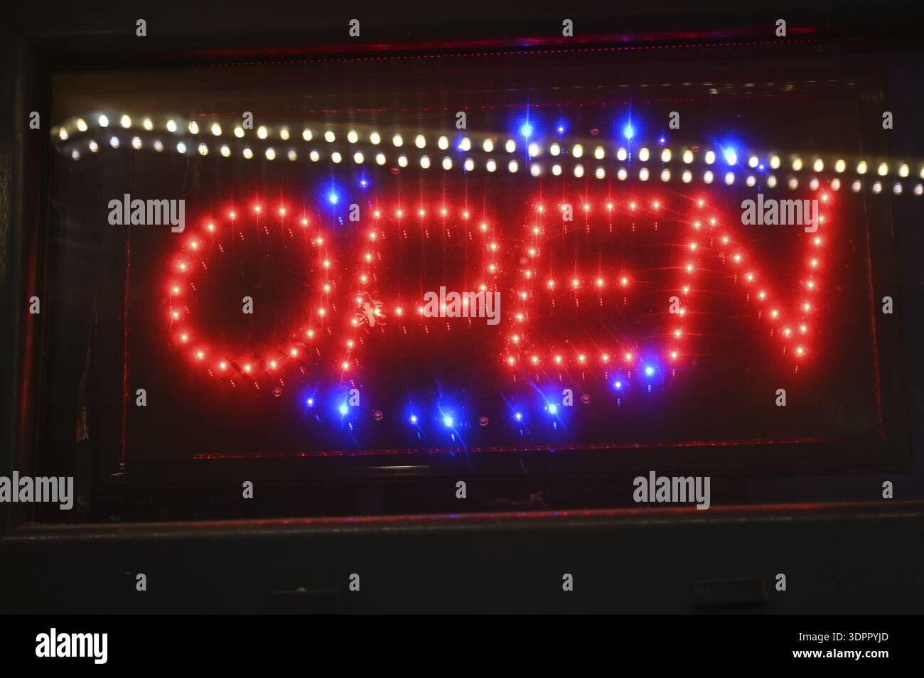 Neon sign opened Stock Photo