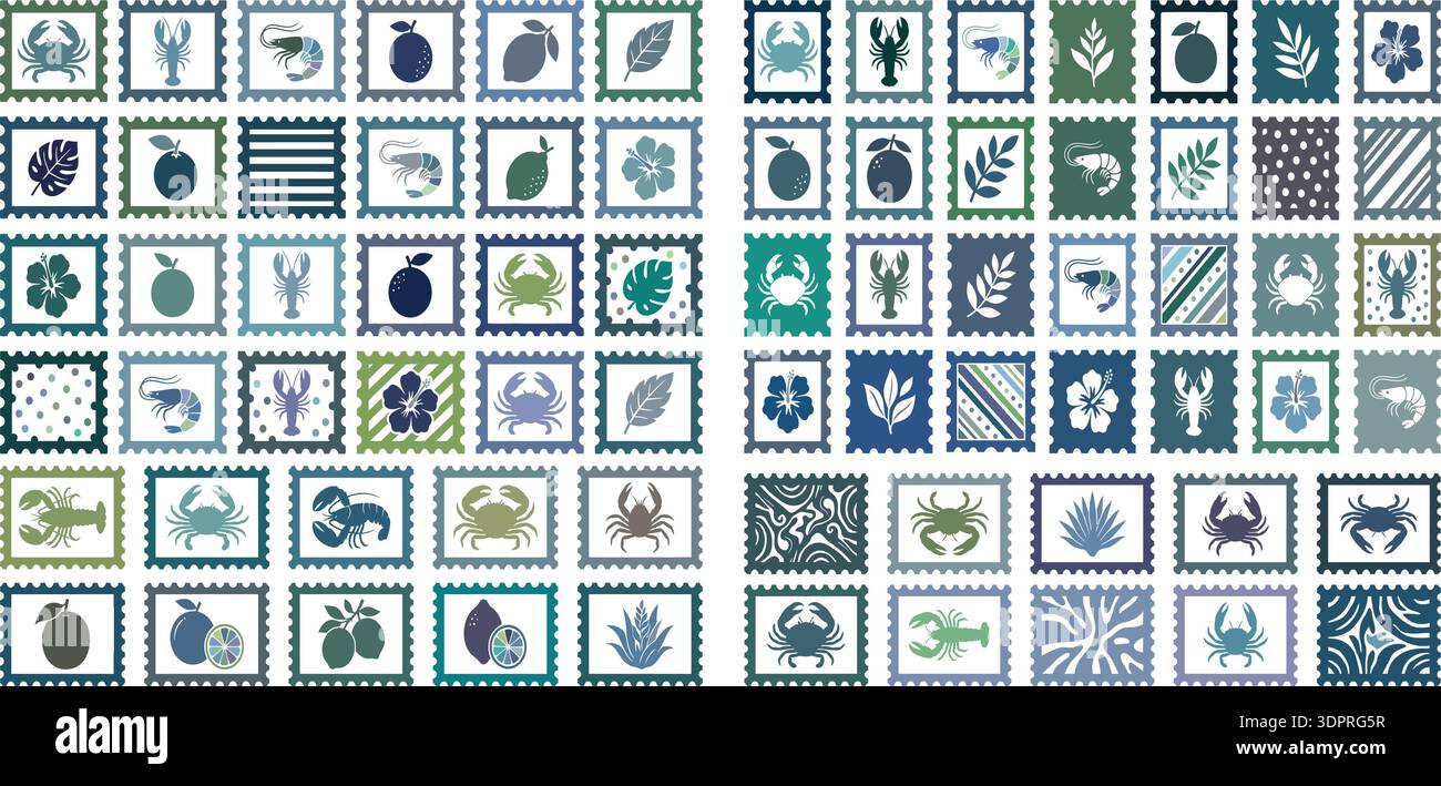 Vintage Marine Postage Stamp Collection – Coastal Seafood, Citrus and Botanical Decorative Vector Set Stock Vector