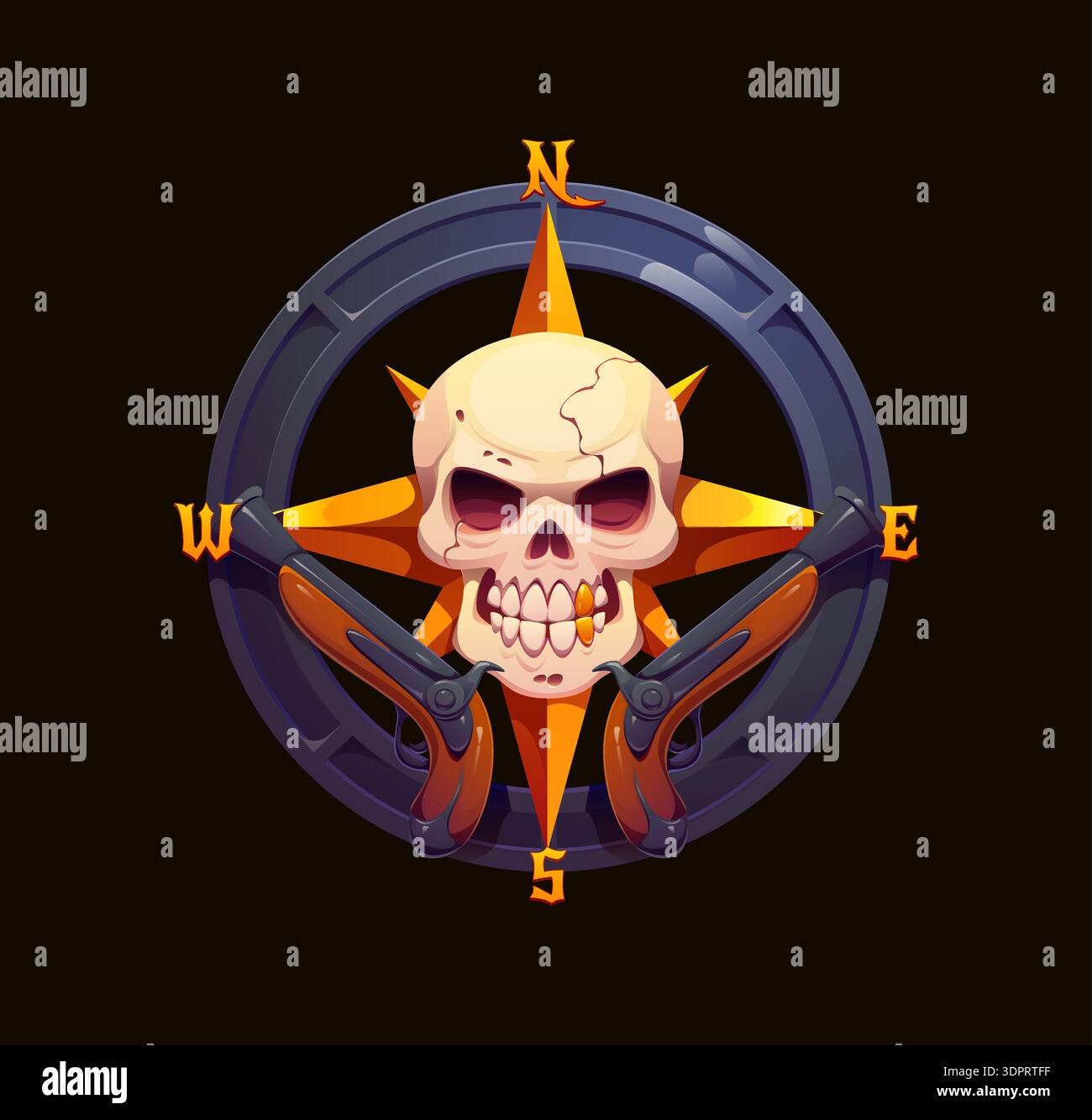 Heraldic compass with pirate skull and guns. Cartoon vector game asset ...