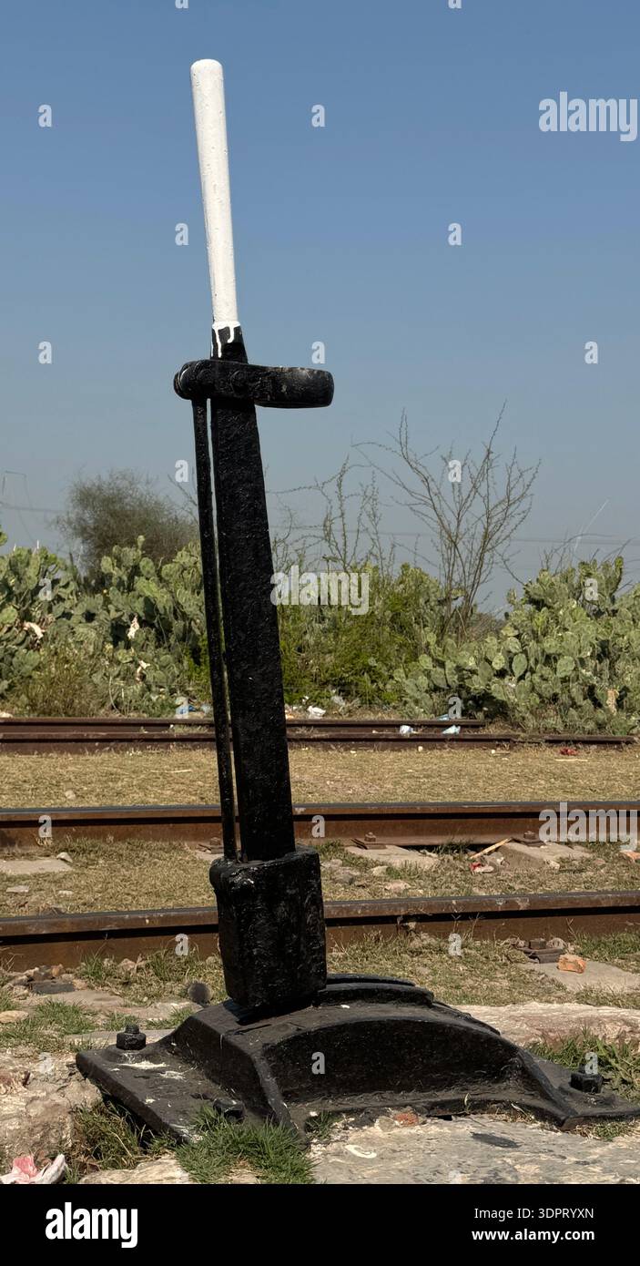 Manual Railway Track Lever Signal at Rural Train Line - Smartphone Captured Stock Image