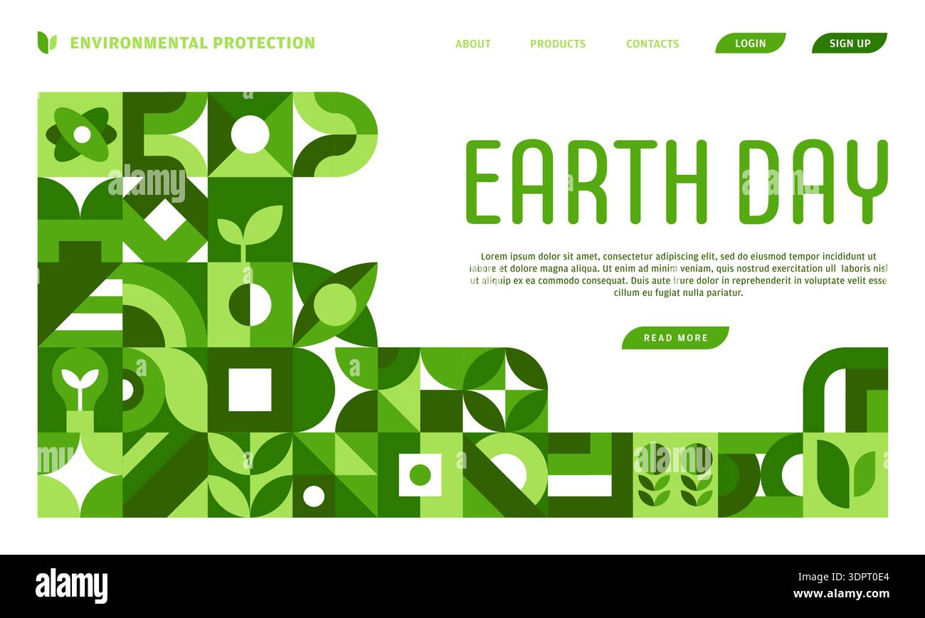 Shape Vector Environment Ecology Earth day landing page template. Layout stacked green geometric ...