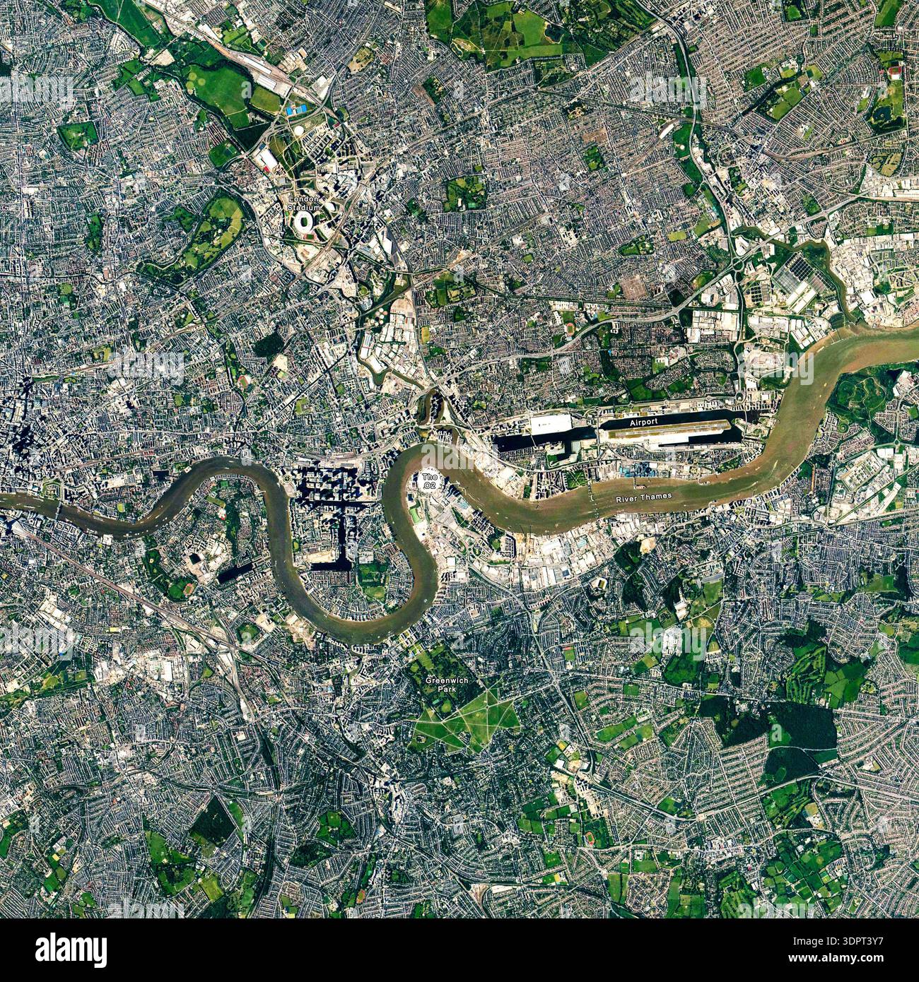 O2 Satellite Map Aerial top view or satellite map of East London, United Kingdom ...