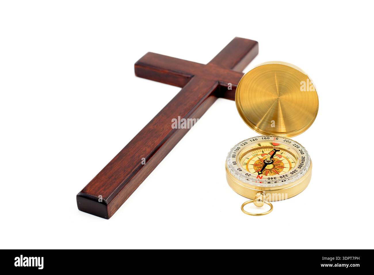 Open golden compass and Wooden cross on white background Stock Photo ...