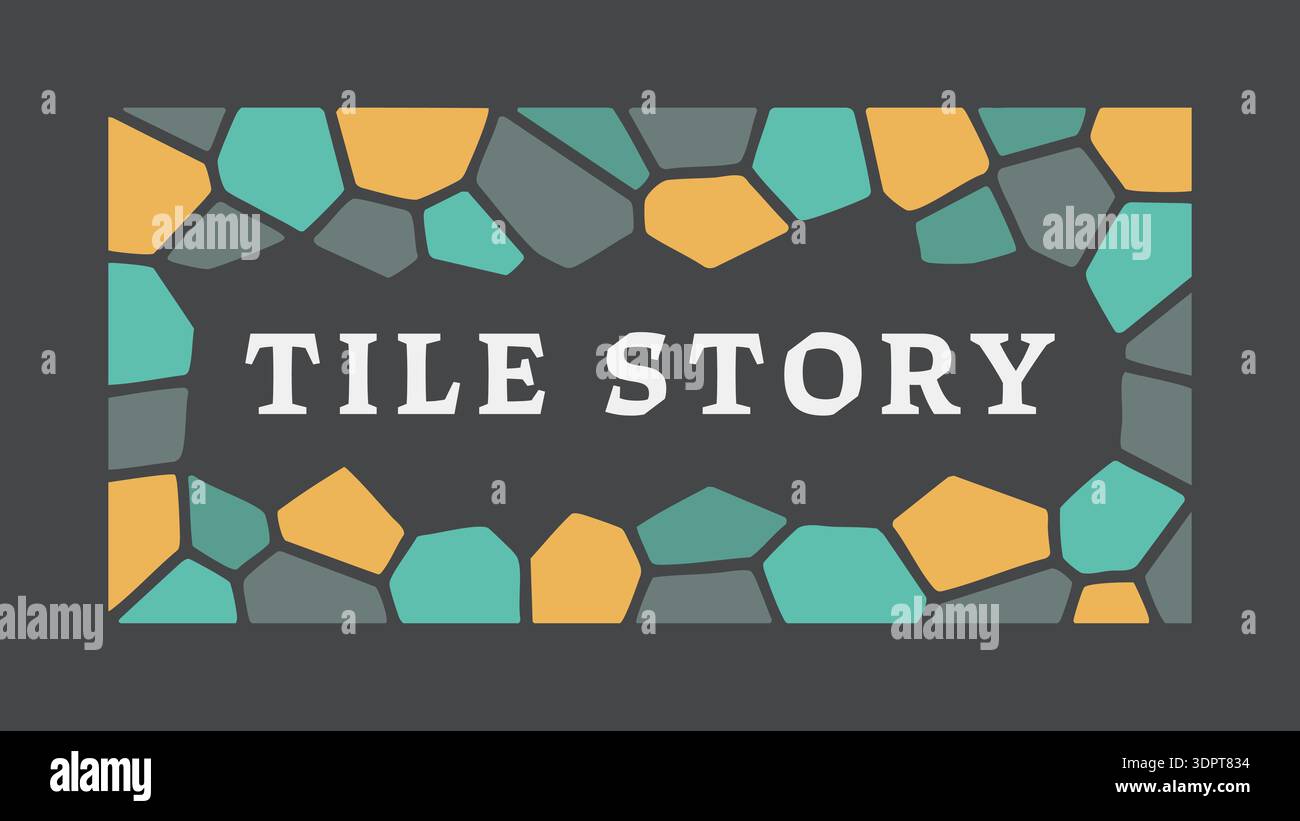 Mosaic tile label with tile story text centered on a multicolor stone pattern background Stock Vector