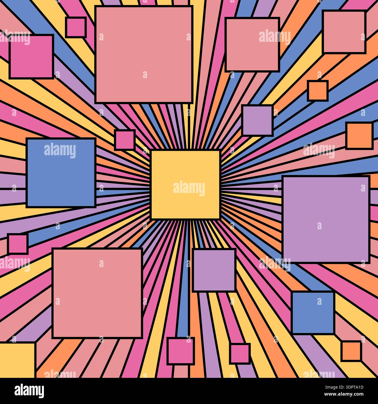 Colored geometric background. Squares of different sizes are connected by lines from the center. Flat style for cover, poster and creative design Stock Vector