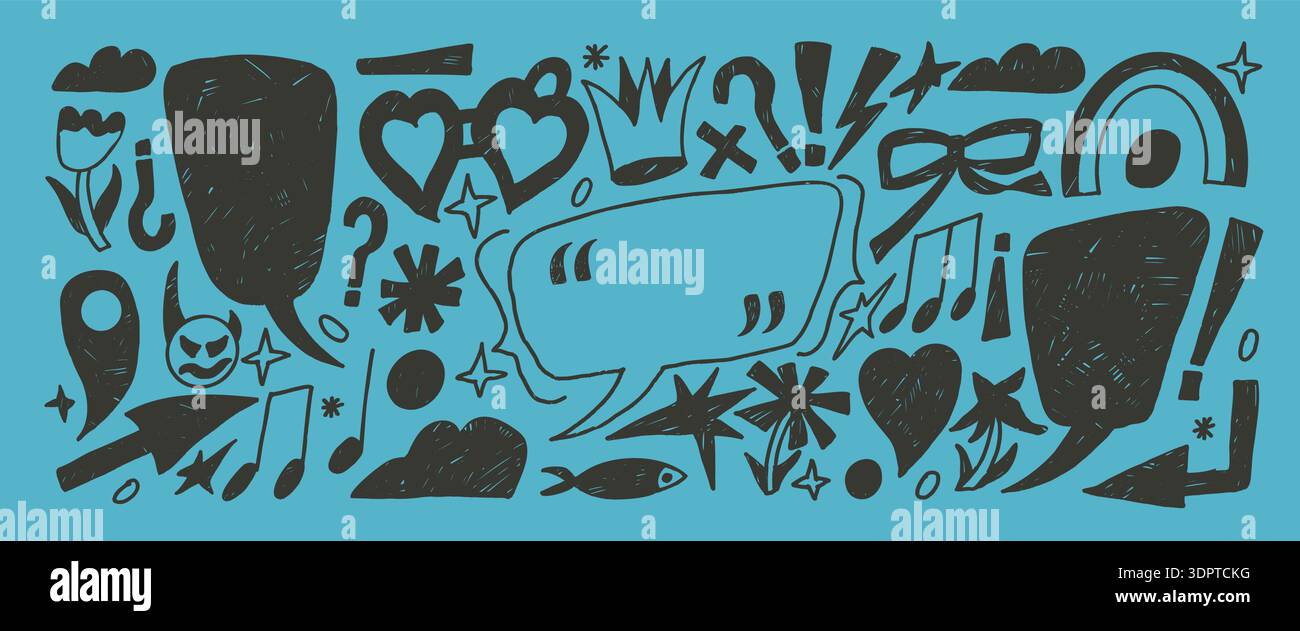 Speech bubbles with inverted spanish punctuation marks. Hand drawn pencil marker text boxes frames with devil, arrow scribble set. Crayon flowers, cal Stock Vector