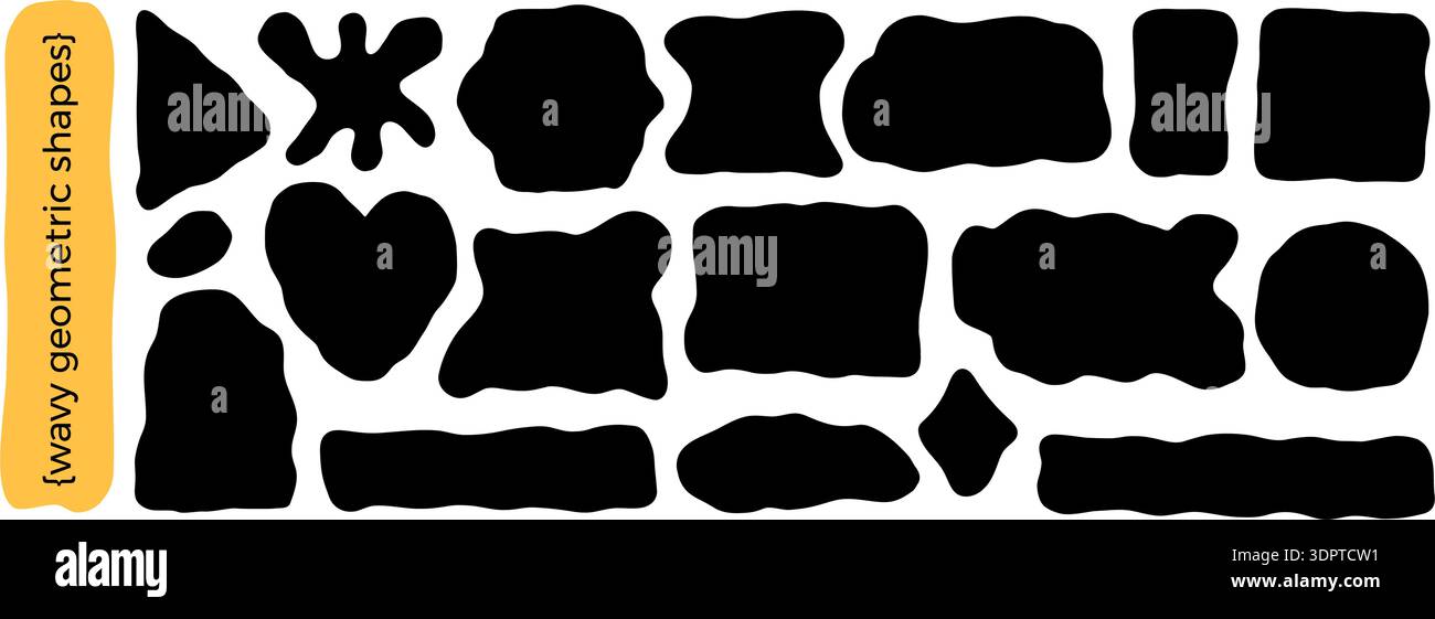 Abstract geometric elements with irregular edges. Wavy oval, square frames. Rectangle, hearts shape with wave undulate borders. Doodle blobs for text. Stock Vector