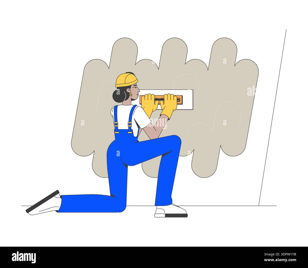 Construction worker applying wall putty 2D vector illustration Stock Vector