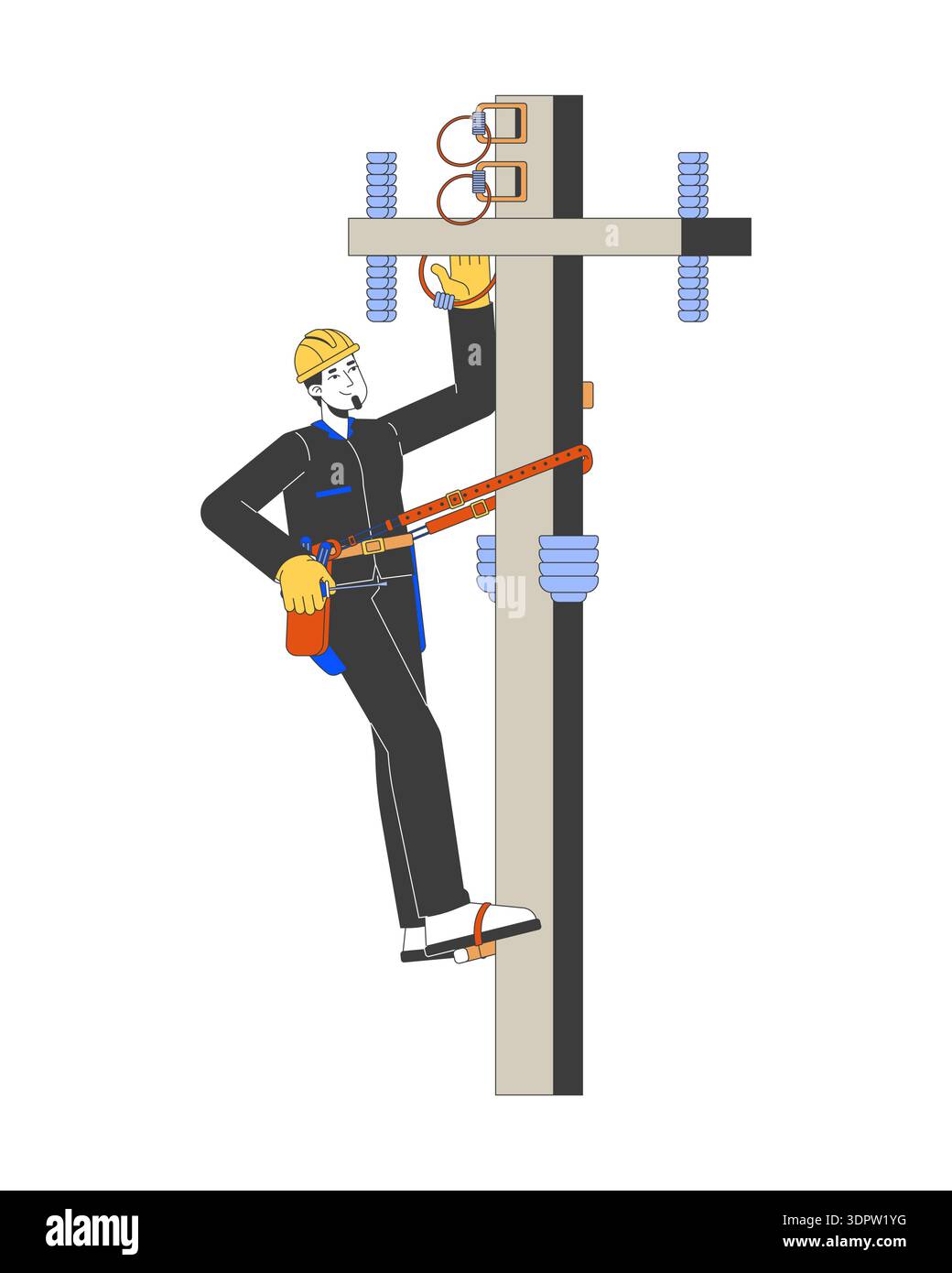 Technician repairing electric utility pole 2D vector illustration Stock Vector