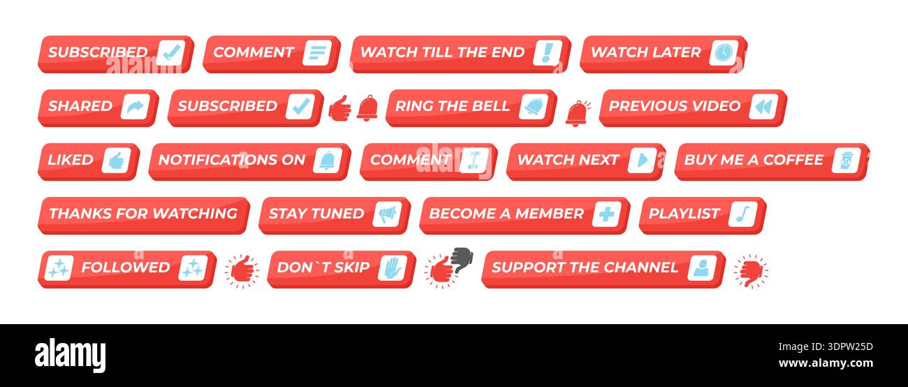 Red enabled isometric social media UI button set Stock Vector
