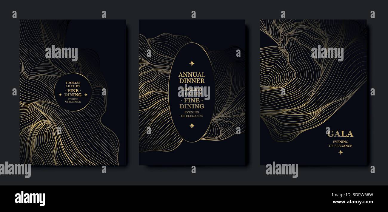 Luxury black background, elegant gold floral line pattern, abstract waves. Premium vector design for gala dinners, wedding invitations, birthday cards Stock Vector