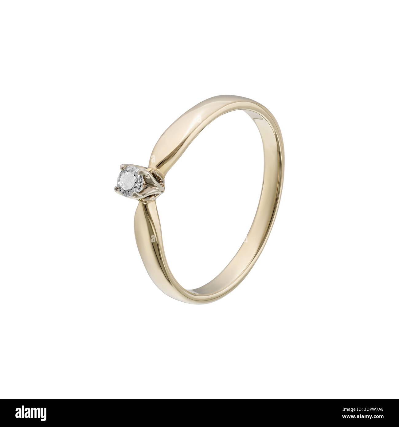 Minimal gold solitaire diamond ring, isolated on white background Stock Photo