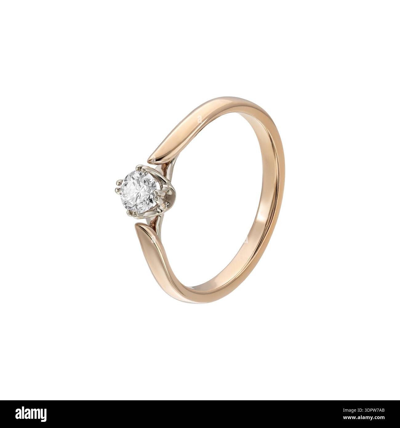 Modern rose gold open solitaire diamond ring, minimalist design, isolated on white Stock Photo