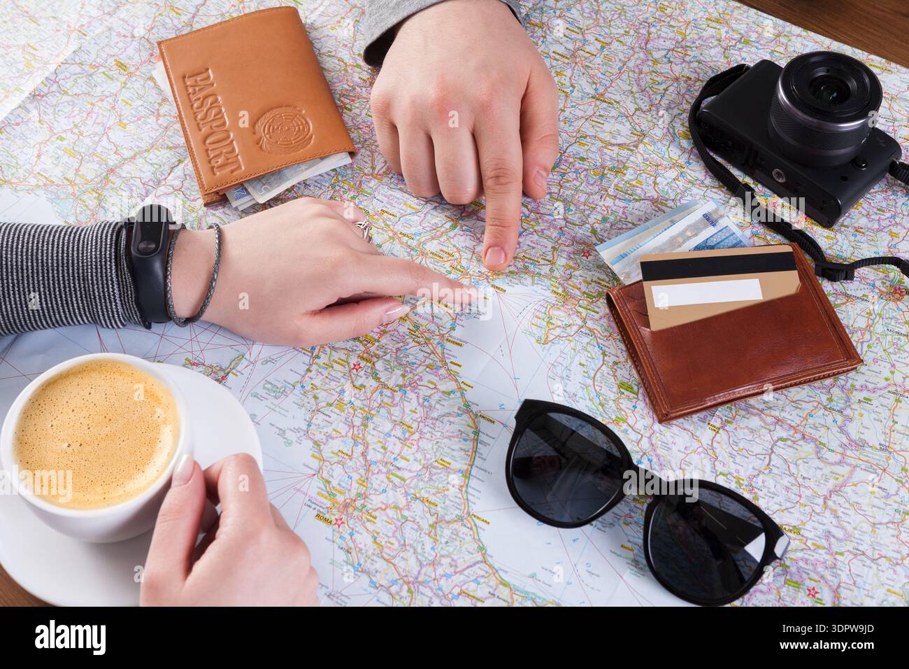 Planning journey coffee maps hi-res stock photography and images - Alamy
