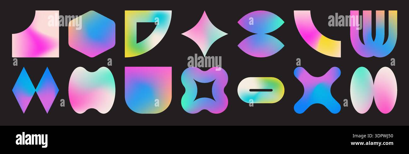Cool gradient abstract geometric shapes set. Trendy Y2K Stock Vector