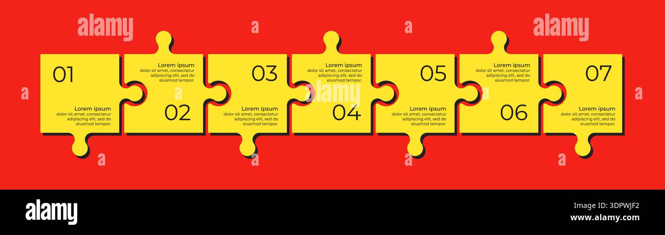 Horizontal chart with 7 connected jigsaw puzzle pieces. Stock Vector