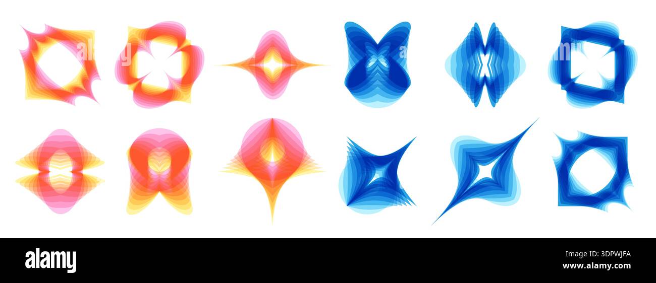 Futuristic design elements set. Gradient color geometris shapes with deformation blend Stock Vector