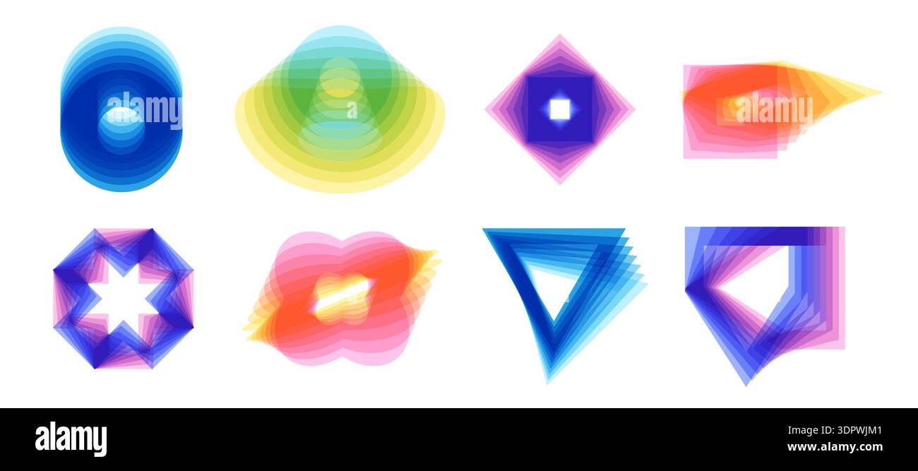 Futuristic design elements set. Gradient color geometris shapes with deformation blend Stock Vector