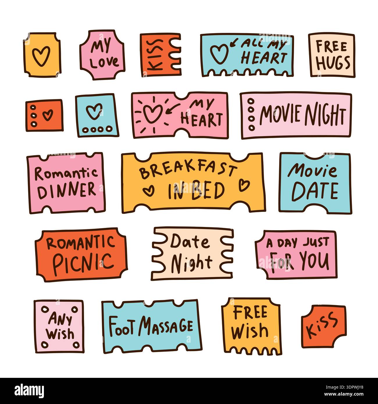 Love coupon set for Valentines day. Cute doodle sticker collection Stock Vector