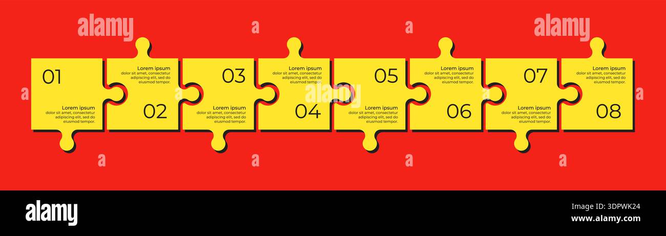Horizontal chart with 8 connected jigsaw puzzle pieces. Stock Vector