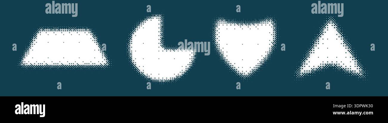 Bitmap geometric shapes set. Distorted pixel Y2k halftone Stock Vector