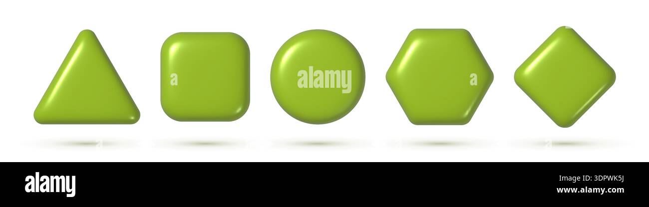 3d buttons set with basic forms: circle, square, triangle, rhomb, hexagon. Green realistic badges collection isolated Stock Vector
