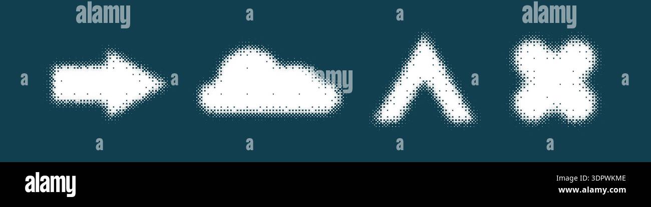 Bitmap geometric shapes set. Distorted pixel Y2k halftone Stock Vector