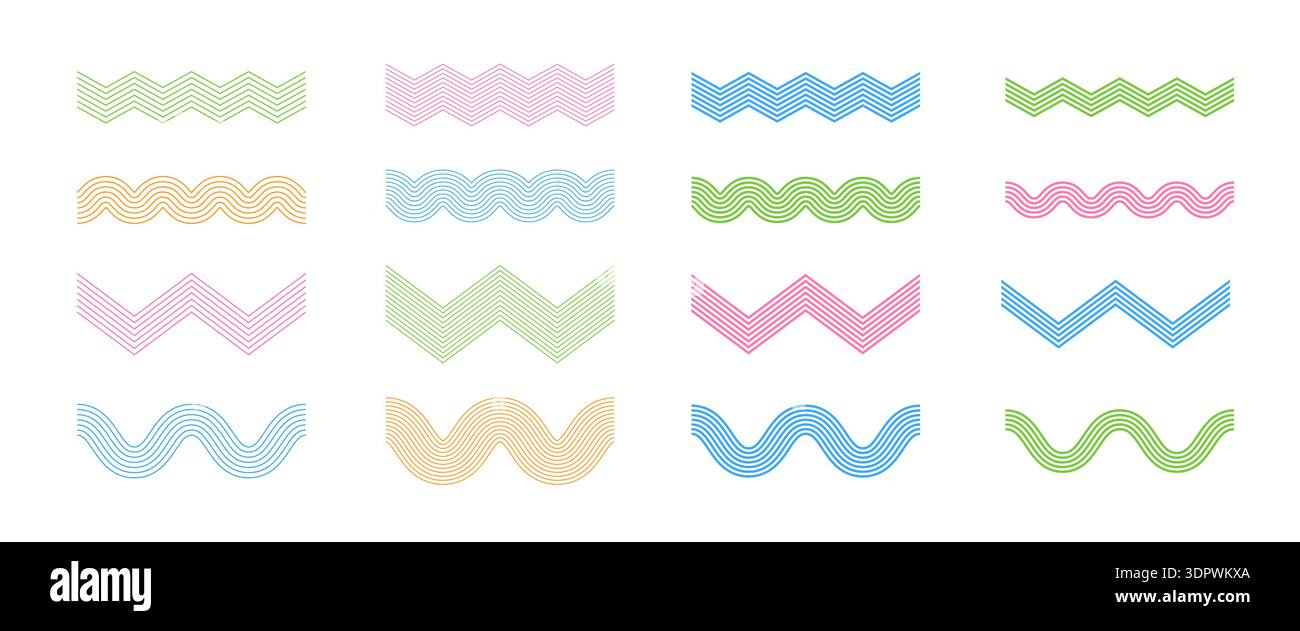 Striped wavy lines set. Zigzag forms collection with linear structure Stock Vector