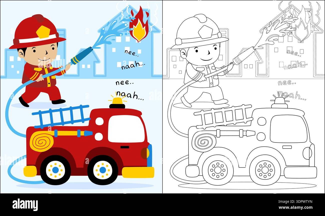 Boy firefighter putting out building fire beside his fire truck Stock ...
