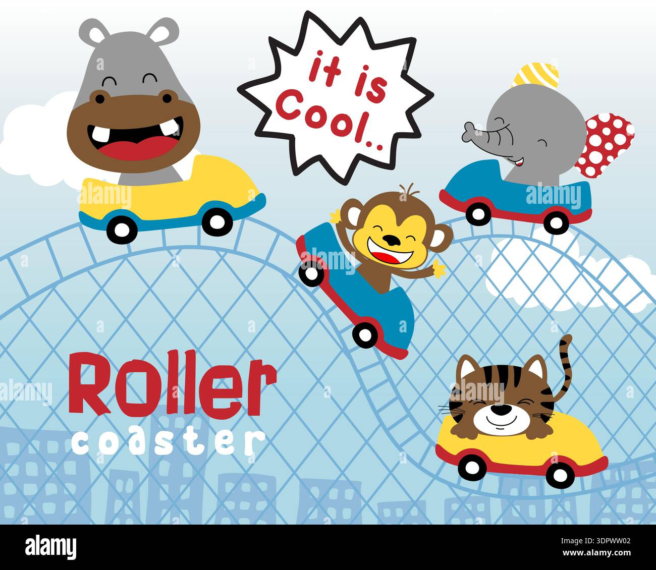 Cartoon animals having fun riding a roller coaster in city. Stock Vector