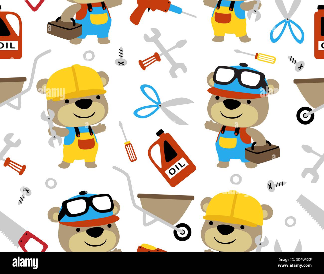 Seamless pattern of bear builders with construction tools and equipment. Stock Vector