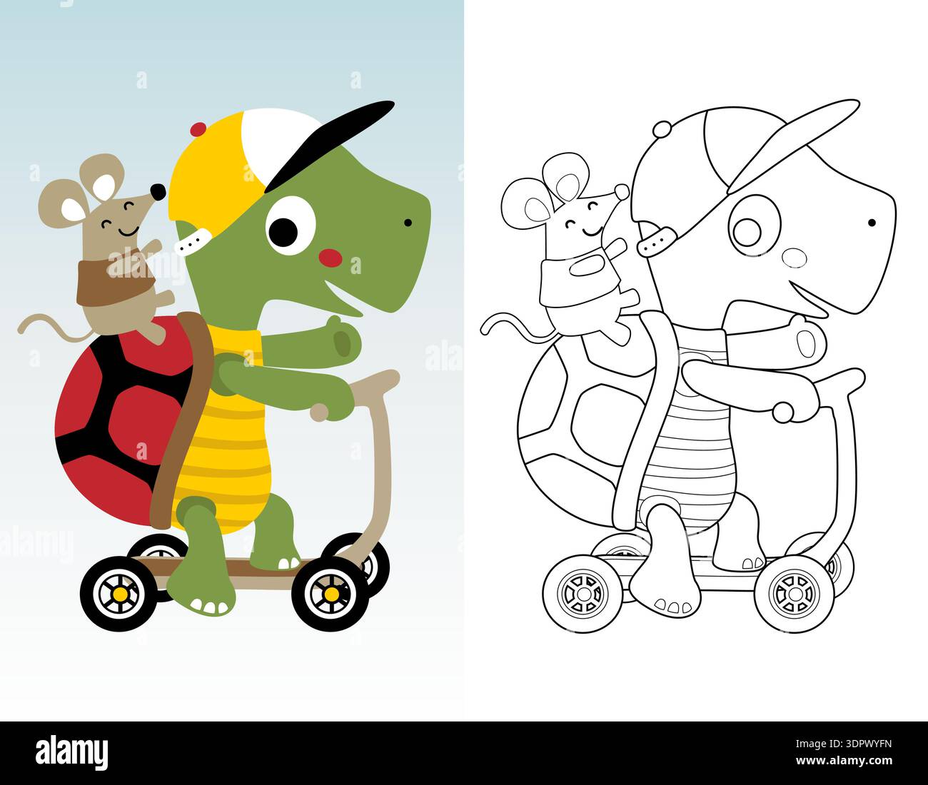 Mouse Ridding Turtle Cartoon turtle and mouse riding a kick scooter together, coloring book ...
