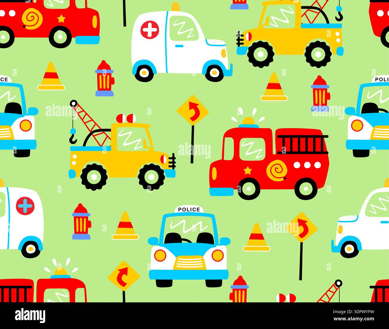 Seamless pattern of cartoon emergency and service vehicles. Stock Vector