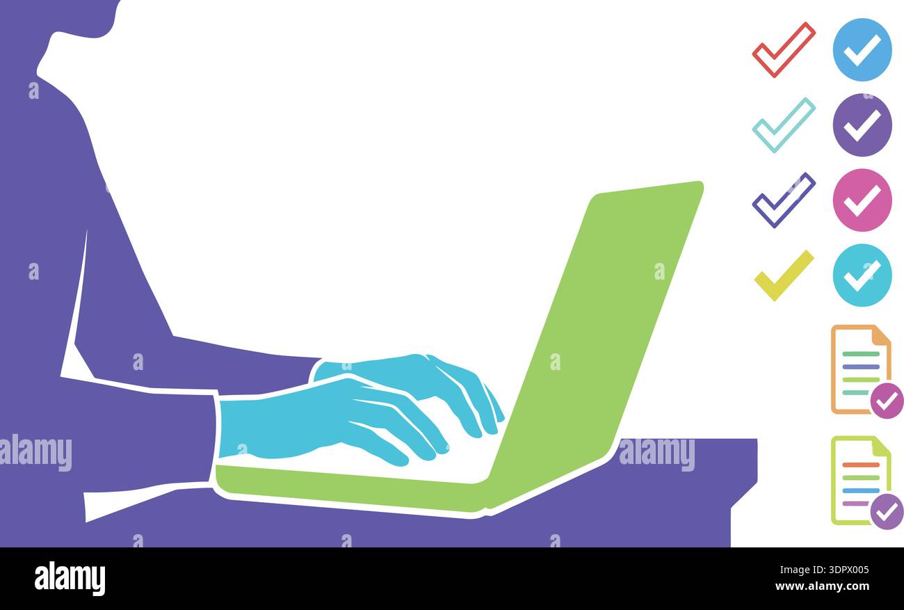 Online checklist verification concept with laptop and check mark icons ...