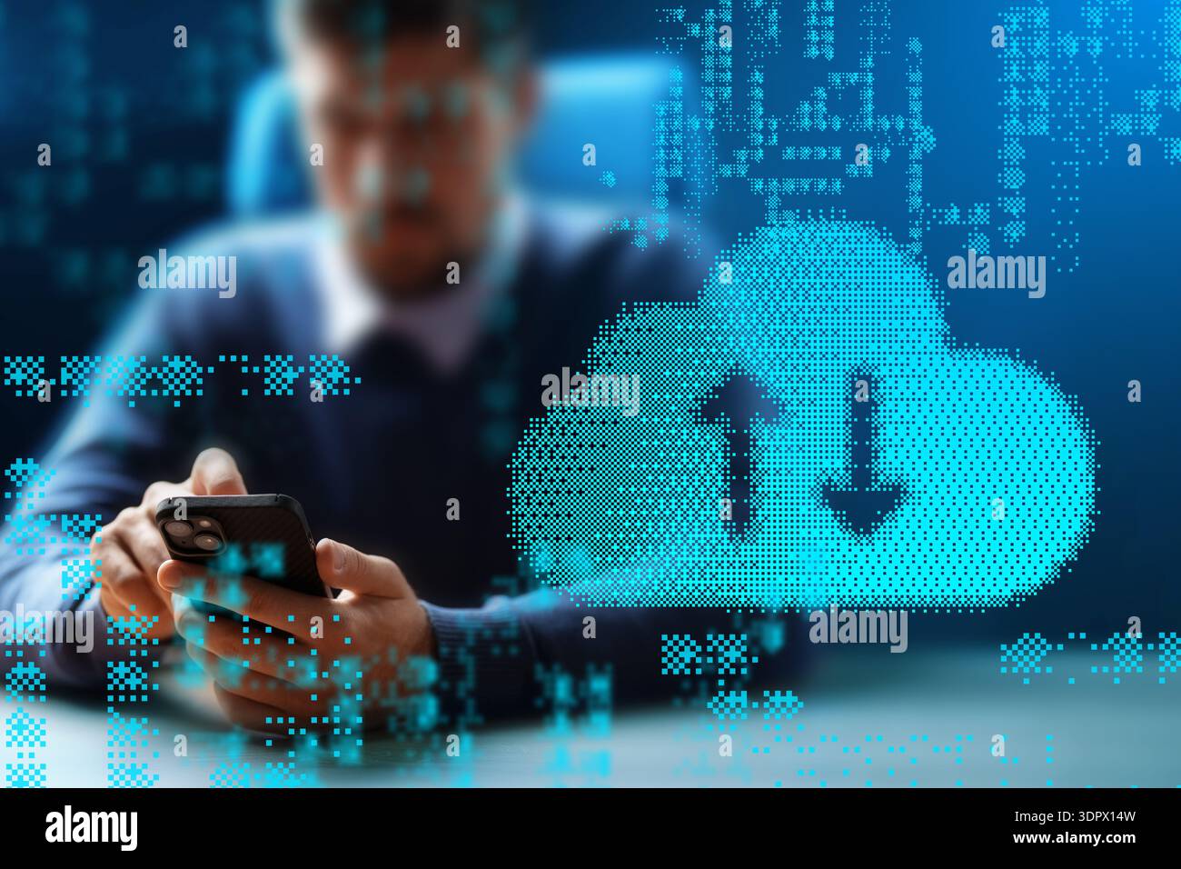 Man using smartphone to access cloud storage for data transfer at office Stock Photo