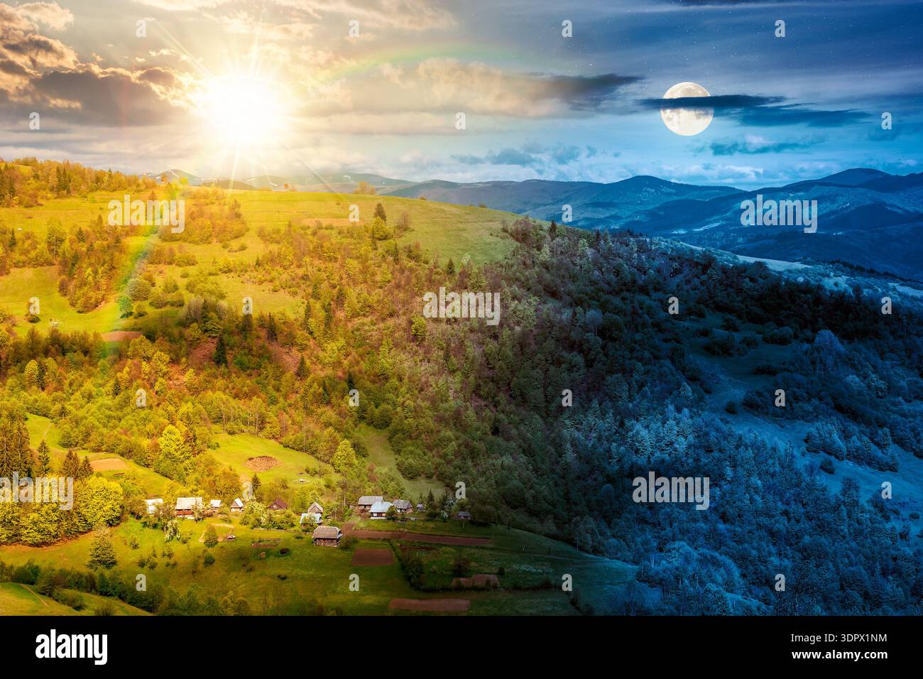 rural area in mountain landscape. day and night time change concept. village on a steep green hill with sun and moon during spring. alpine countryside Stock Photo