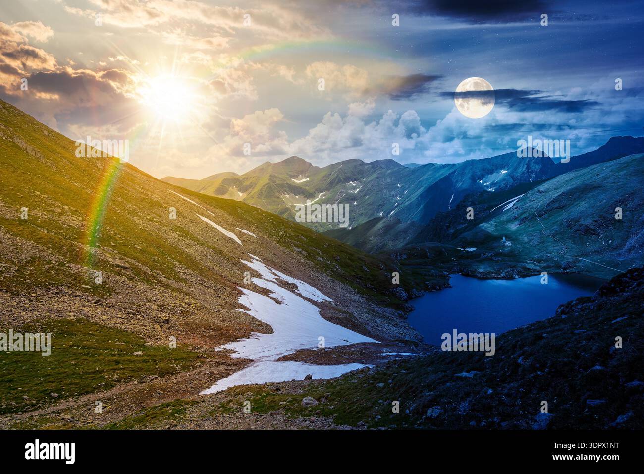 mountain lake in alpine summer landscape. day and night time change concept. beautiful view surrounded with sun and moon at twilight. fresh water, sno Stock Photo