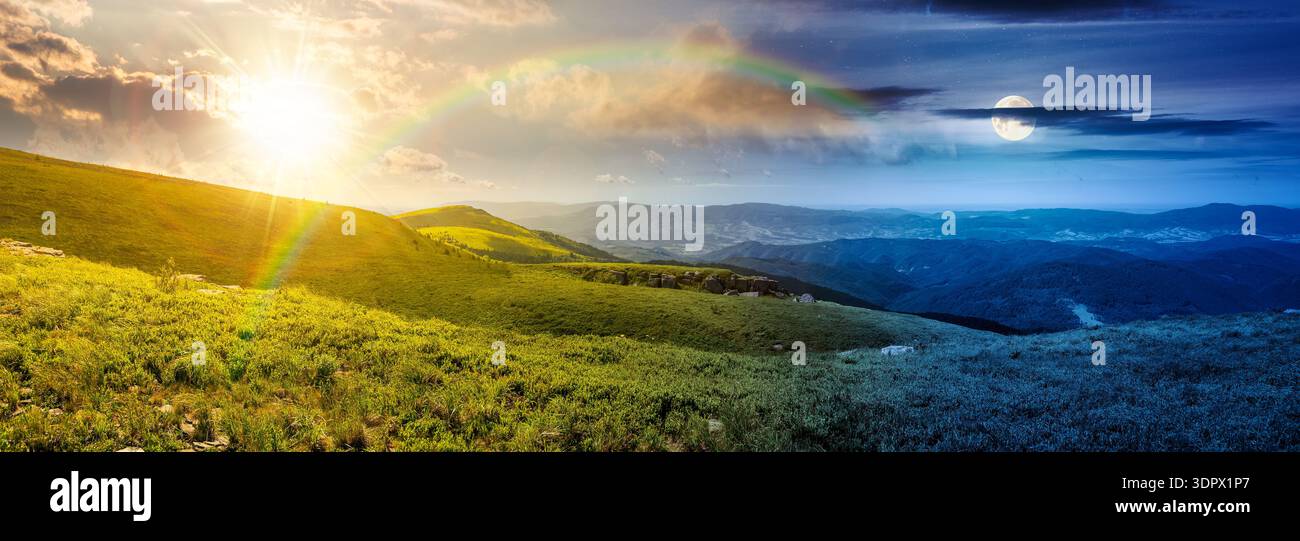 mountainous panorama of rolling hills. day and night time change concept. wonderful weather over the distant mountain range with sun and moon. epic vi Stock Photo