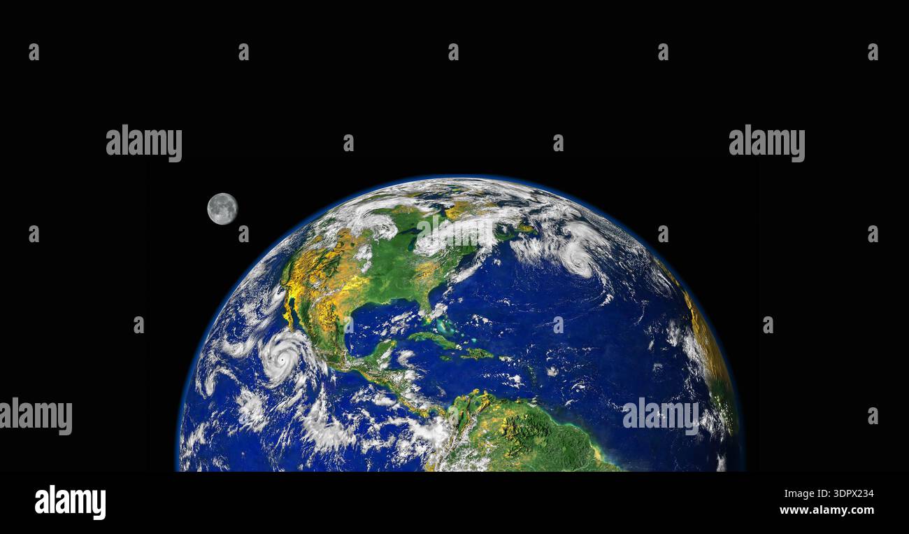 Earth from space showing North America and Moon isolated on black ...