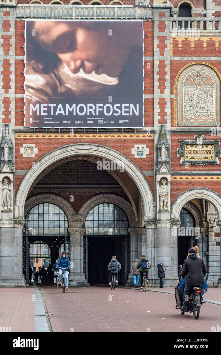 Exterior of the Rijksmuseum, Amsterdam, with a poster for their current special exhibition Metamorfosen, based around Ovid's poem Metamorphoses Stock Photo