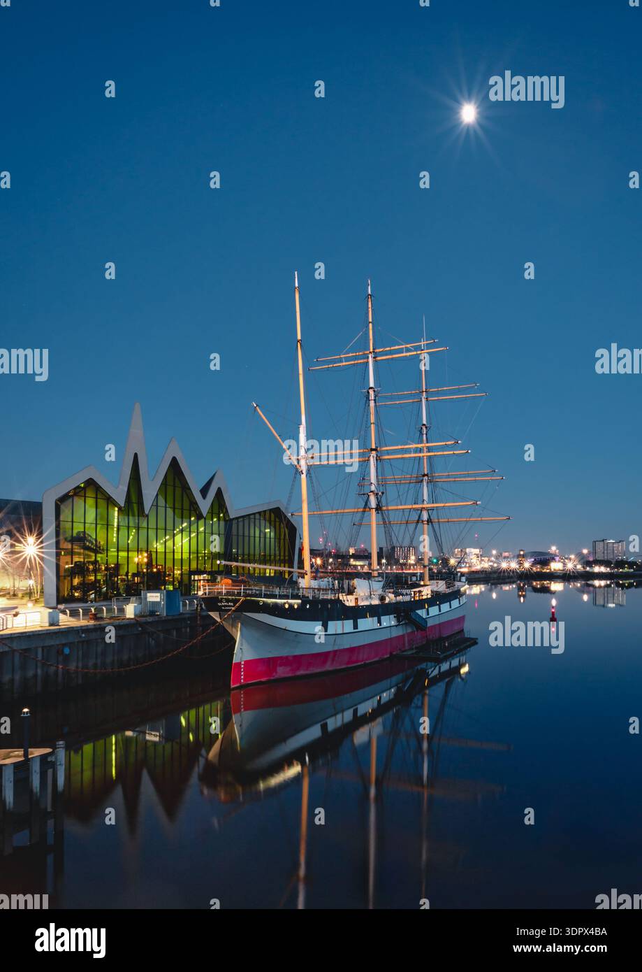Riverside Museum and Tall Ship Glenlee Under Full Moon, River Clyde Glasgow Scotland Stock Photo