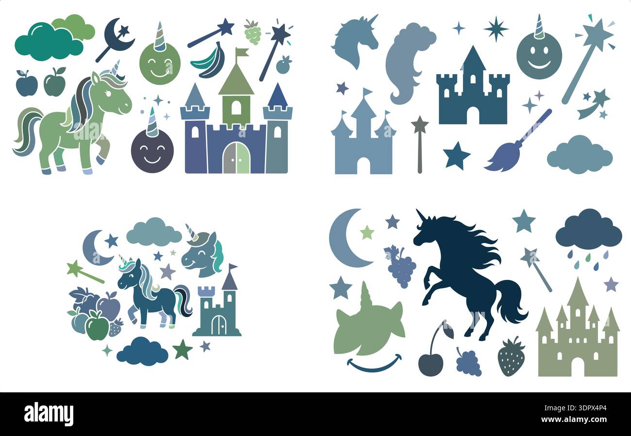 Cute unicorn fantasy clipart set with castle magic wand stars moon and ...