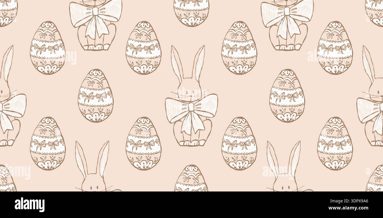 Whimsical vintage Easter seamless pattern with bunny, decorated eggs, and wreath elements. Stock Vector