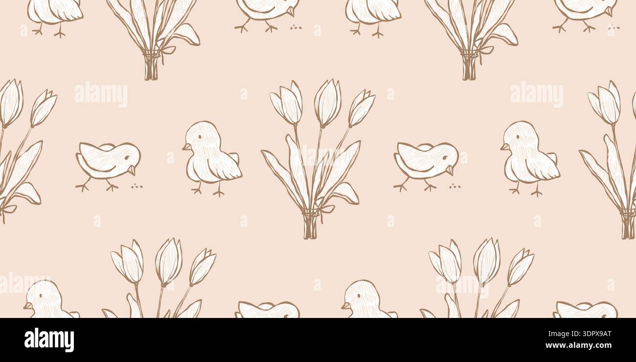Whimsical vintage Easter seamless pattern with chicks, tulips, and botanical elements. Stock Vector